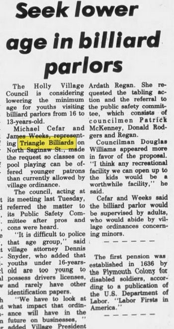 Triangle Billiards - Dec 1 1983 Article On Age Dispute For Billards (newer photo)